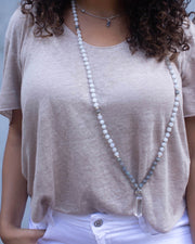 mala beads, mala necklace, white blue flash moonstone, matte labradorite, clear quartz